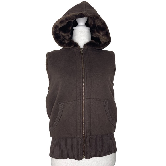 Old Navy Jackets & Blazers - Vtg Old Navy Brown Vest Reversible Faux Fur Hood Full Zip Y2K Grunge Goth Med